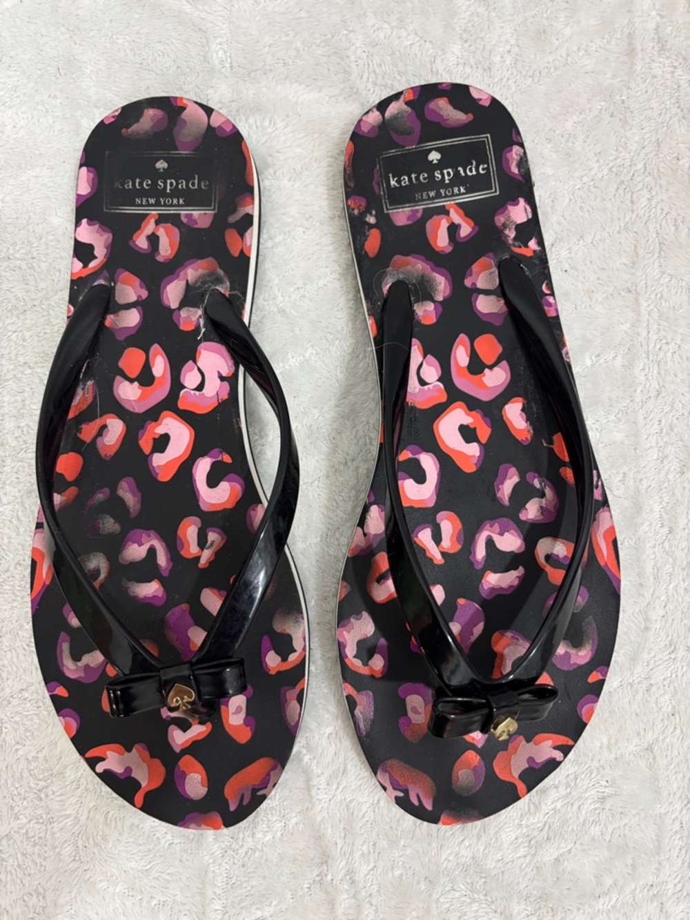kate spade Black Flip Sandals with Pink and Red Leopard Print